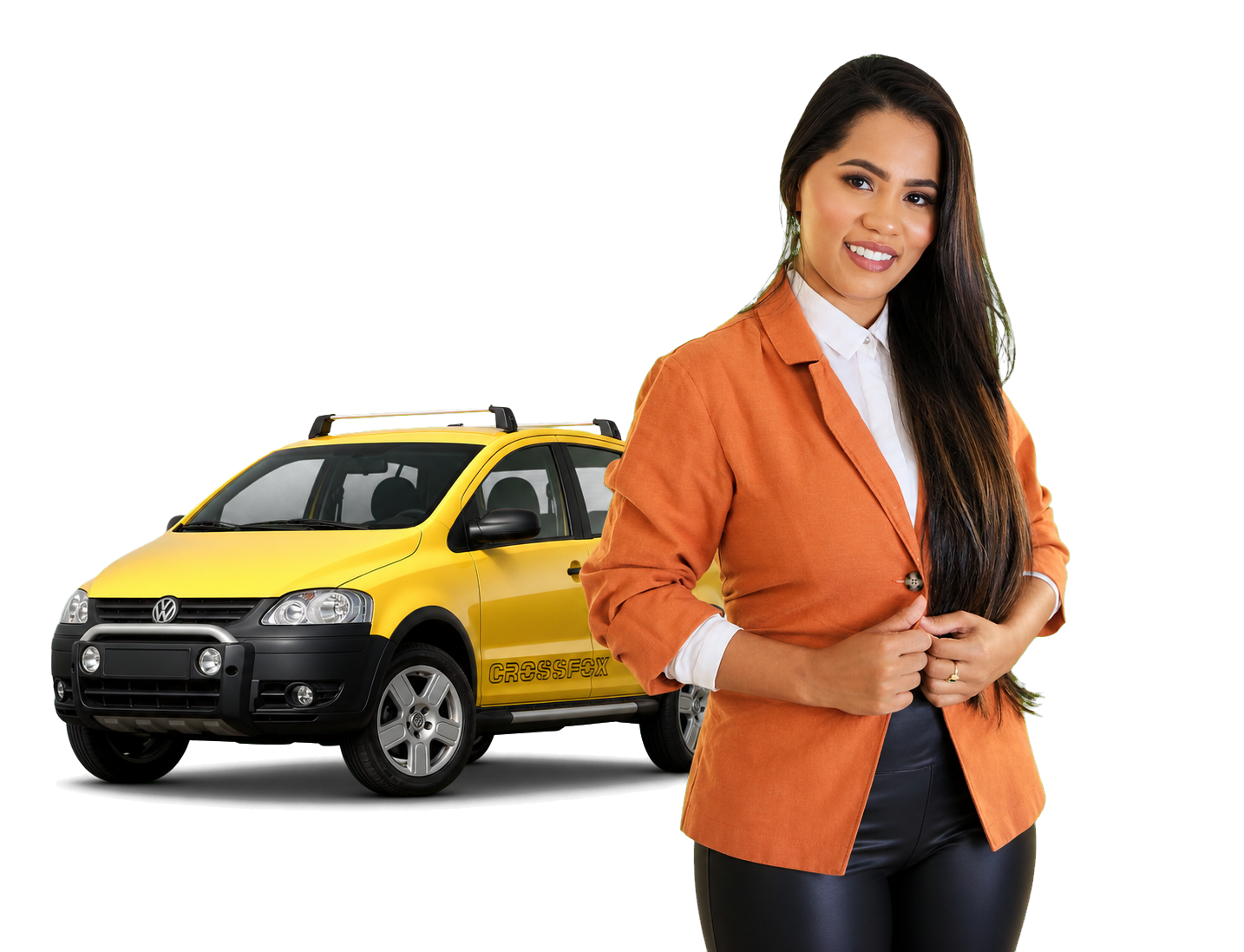 Stefhany diante de um CrossFox amarelo